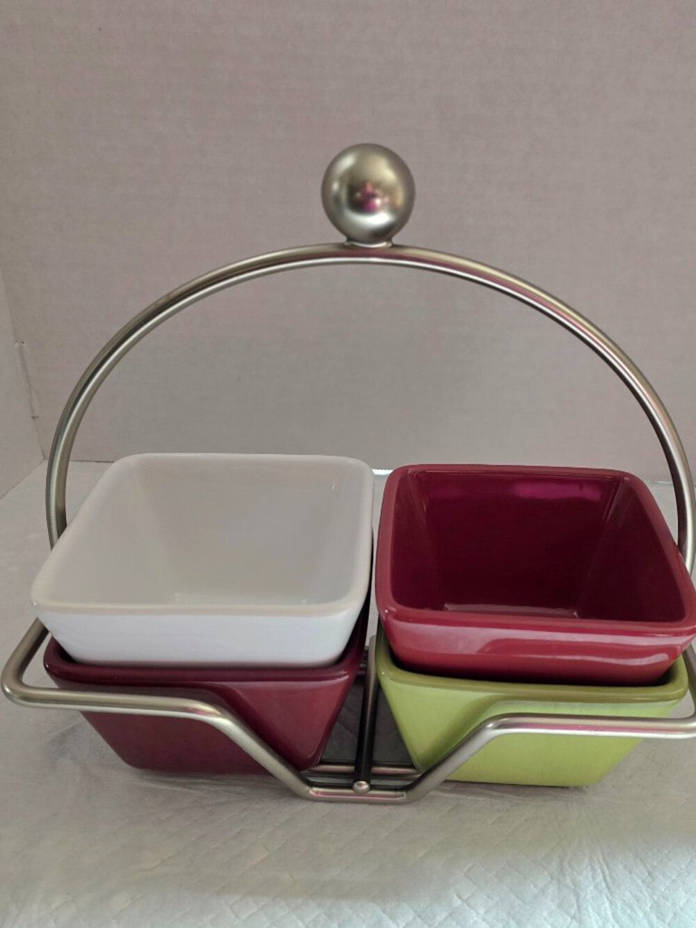 Vtg Pampered Chef Simple Additions Caddy & 4 Bowls Burgundy Red Lime White EUC.